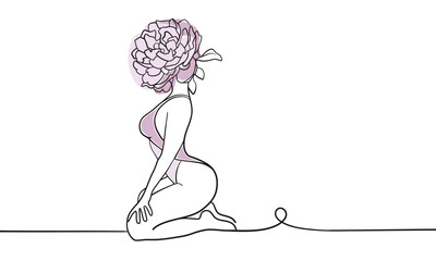 Wall Mural - Woman pink flowers one line continuous drawing illustration. Peony of a woman's head. Wedding vector illustration