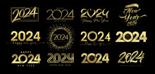 Big Set Of 2024 Happy New Year, Golden Logo Text Design. Vector Sign Luxury Illustrations Of Greetings And Celebration Of The New Year 2024