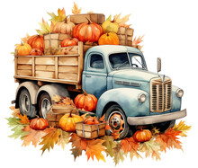 Autumn Harvest Fall Farm Truck Watercolor Isolated Illustration. Pumpkin Vegetables Bright Flowers Vintage Retro Car Illustration Perfect For T-Shirt. Transparent Background.
