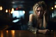 Sad young woman drink alone in a bar. AI generative