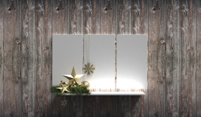 Wall Mural - christmas greeting card golden star decoration three picture frames for diy lighted shelf wooden bac