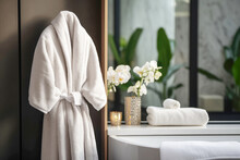 luxury and beauty of a spa, with a focus on bathrobe and towels, for health, and wellness, combined with an elegant and clean atmosphere.