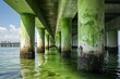 Under a bridge over water at Rickenbacker Causeway in Miami, Florida. Views of bridge support pillars marked with dried algae. Generative AI