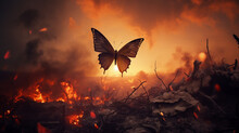 A Beautiful Butterfly Flying Over The Fires Of War.
