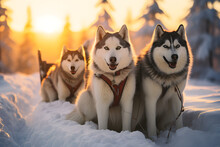 Majestic Husky Dogs Embarking On A Sunset Sled Safari In Winter Wonderland, Levi Lapland, Finland