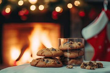 Sticker -  a glass of milk and cookies on a table near a fireplace.  generative ai