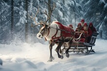  A Reindeer Pulling A Sleigh With People In It Through The Snow.  Generative Ai
