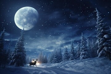 Poster -  a deer in a snowy forest with a full moon in the background.  generative ai