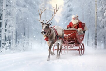 Poster -  a santa claus riding in a sleigh pulled by a reindeer.  generative ai