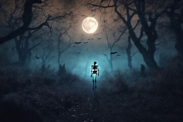 Wall Mural - a skeleton walks along a path in a mystical forest on Halloween night, bats on the background of a large full moon in a dark sky, atmospheric and fabulous