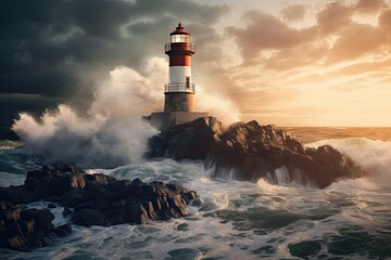 Poster -  a lighthouse on a rocky shore with a large wave crashing against it.  generative ai