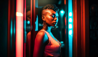 Wall Mural - Portrait of young beautiful black woman on city street at night. Neon lights and glass reflection. 