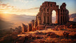 Beautiful ruins of ancient temples in Jordan desert. Temples with columns at sunset, travel and history concept