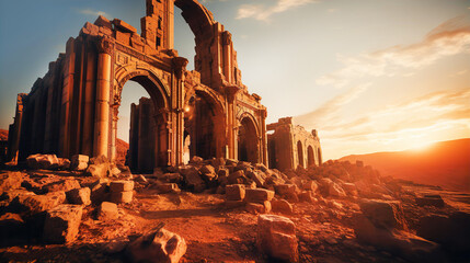 Wall Mural - Beautiful ruins of ancient temples in Jordan desert. Temples with columns at sunset, travel and history concept