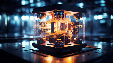 Quantum chip, part of quantum computer. How quantum technology may look-like. Technology and science concept image 