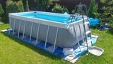 Fototapeta  - The gray rectangular frame swimming pool stands on a grassy lawn. The water is cleaned with a filter. Next to the metal fence there are thuja trees. The pool is made of PVC. Sunny summer weather