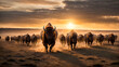 photo of a bison stampede in the US prairie, bisons running, dust, sunset