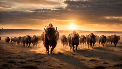 photo of a bison stampede in the US prairie, bisons running, dust, sunset