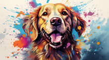 Adorable Golden Retriever Dog In Mixed Grunge Color Illustration.