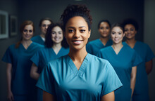 Retrato De Uma Jovem Estudante De Enfermagem Em Pé Com Sua Equipe No Hospital, Vestida Com Uniforme Médico, Estagiário. 