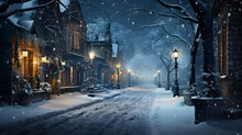 Christmas Night Street With Lanterns And Snow