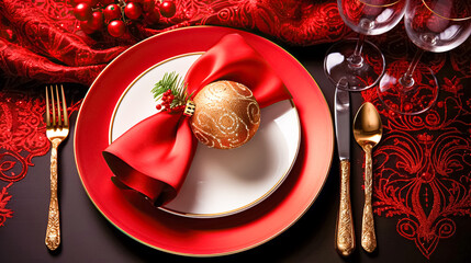 Modern table setting, red empty plates, gold cutlery, decorations from glass shiny balls and fir branches, festive table