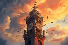 A Clock Tower Stands Amidst Clouds With A Bird Circling Around And Another Bird Soaring Above. Generative AI