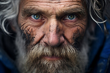 Wall Mural - Close up photography of elderly homeless man with disheveled appearance beard dirty clothes seeking aid on street generative ai