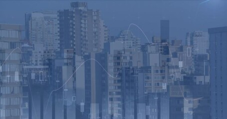 Wall Mural - Animation of statistical data processing against aerial view of tall buildings in the city