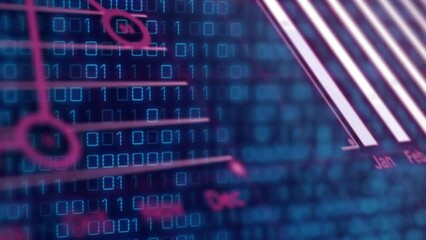 Animation of statistical data processing and binary coding against blue background