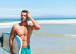 © Marine Gastineau/peopleimages.com - Man, surf and sea with thinking, training and waves with water sport and exercise outdoor of athlete. Surfer, surfboard and vacation by the ocean and beach for summer wellness and fitness mockup