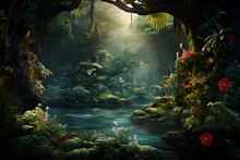 Representation Of A Mystical Rainforest Where Exotic Wildlife And Plants Dominate The Scene: