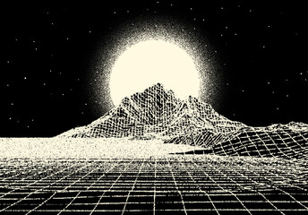 Wall Mural - retro dotwork landscape with 80s styled sun, grid mountains and stars background from old sci-fi boo
