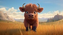 Cute Scene Of A Baby Buffalo In Nature, Illustration In 3d Cartoon Style. Created With Generative Ai Technology.