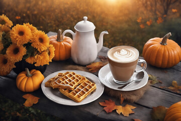 a cup of hot latte and waffers and pumpkins on an old wooden table in a garden, beautiful autumn nature at sunset as background, decoration for Halloween holiday