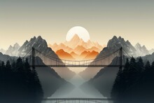 Bridge Joining Two Mountains, Reflected In A River And The Sunset Over The Clouds In The Background. Conceptual Illustration.