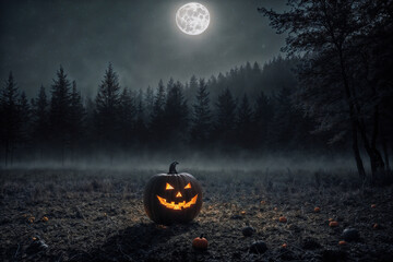 Wall Mural - pumpkin head glows in the dark forest at night, scary and mystical, Halloween concept, the moon shines through the fog, black silhouettes