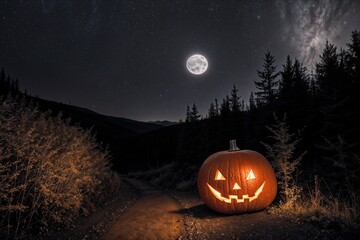 Wall Mural - pumpkin head glows in the dark forest at night, scary and mystical, Halloween concept, the moon shines through the fog, black silhouettes