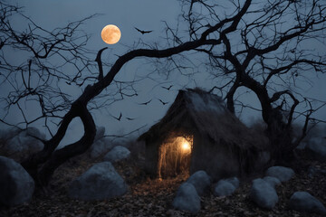 Wall Mural - halloween night, old house in mystical forest, around pumpkins, flying bats on big full moon background, scary and fabulous, dark magic