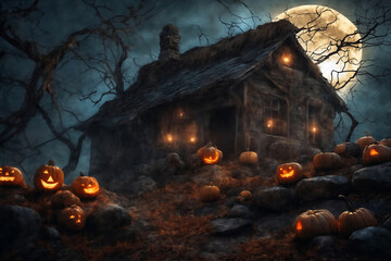 Wall Mural - halloween night, old house in mystical forest, around pumpkins, flying bats on big full moon background, scary and fabulous, dark magic