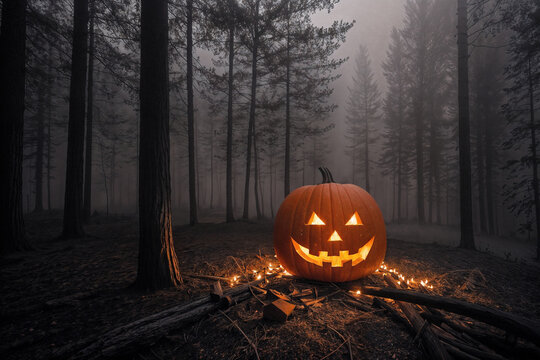 pumpkin head glows in the dark forest at night, scary and mystical, Halloween concept, fog, black silhouettes of trees