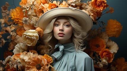 Wall Mural - A vibrant and elegant portrait of a woman adorned with a stunning hat, engulfed by a sea of delicate flowers in an indoor setting, captured beautifully as a work of art