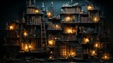 Fototapeta Nowy Jork - A city building stands tall in the night, its windows glowing with the warm light of candles and the promise of endless stories waiting to be read
