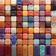 Fondo con detalle y textura de multitud de pastillas de jabon de forma cuadrada con diferentes colores y acabados