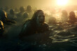 group of zombies in water at sunrise or sunset. Neural network generated image. Not based on any actual person or scene.