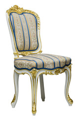 Wall Mural - Antique classic white gilded chair isolated on white with authentic fabric and wood carving