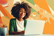 Modern Lifestyle: Smiling African American Woman With Laptop In Colorful Creative Workspace
