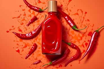 Wall Mural - Tabasco hot pepper sauce with red chili pepper, flat lay.