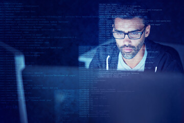 hacker, code and overlay with man and computer for scam, cyber security and password theft. phishing