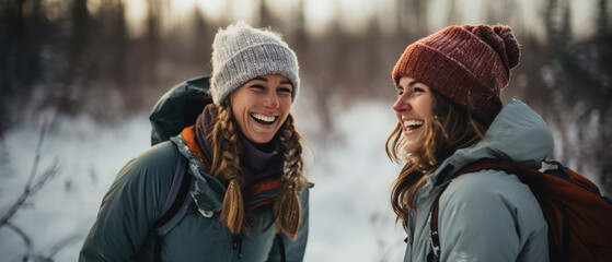 Wall Mural - group of friends hiking in winter